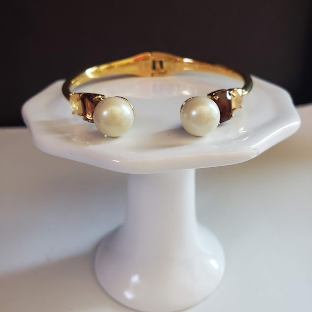 Kate Spade New York Pearl Gem Gold Tone Hinge Cuff Bangle Bracelet with Crystals